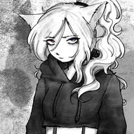 a white-haired demon girl with elven ears, heterochromatic eyes that are red and purple, and a grey, cropped, hoodie. her hair is tied up in a messy ponytail.